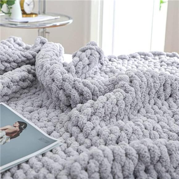 Chunky Knit Blanket Throw 51"x63", 100% Hand Knitted Chenille Throw Blanket - Picture 1 of 8